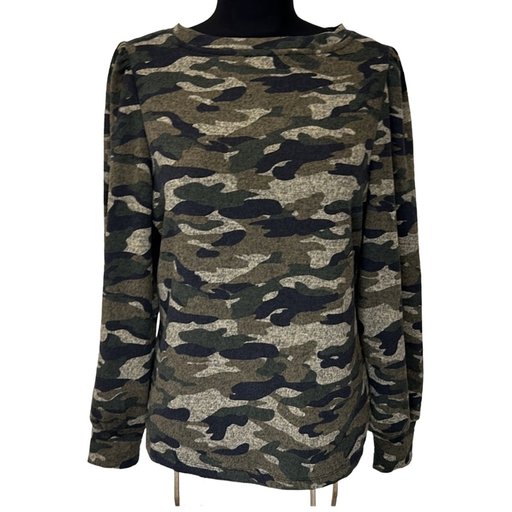 Long Sleeve Camouflage Puff Sleeve Top